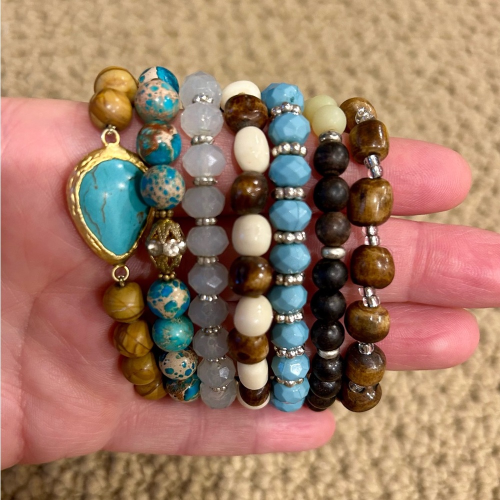 Set of 7 Turquoise and Brown Beaded Bracelets